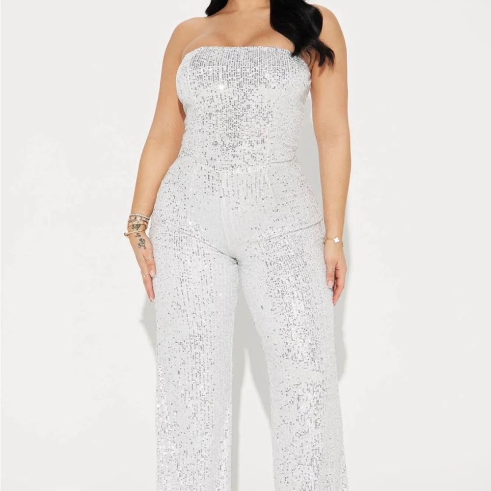 Fashion Nova White Sequin Strapless Jumpsuit